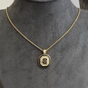 Vintage Christian Dior CD Logo Monogram Rhinestone Black Enamel Gold Necklace